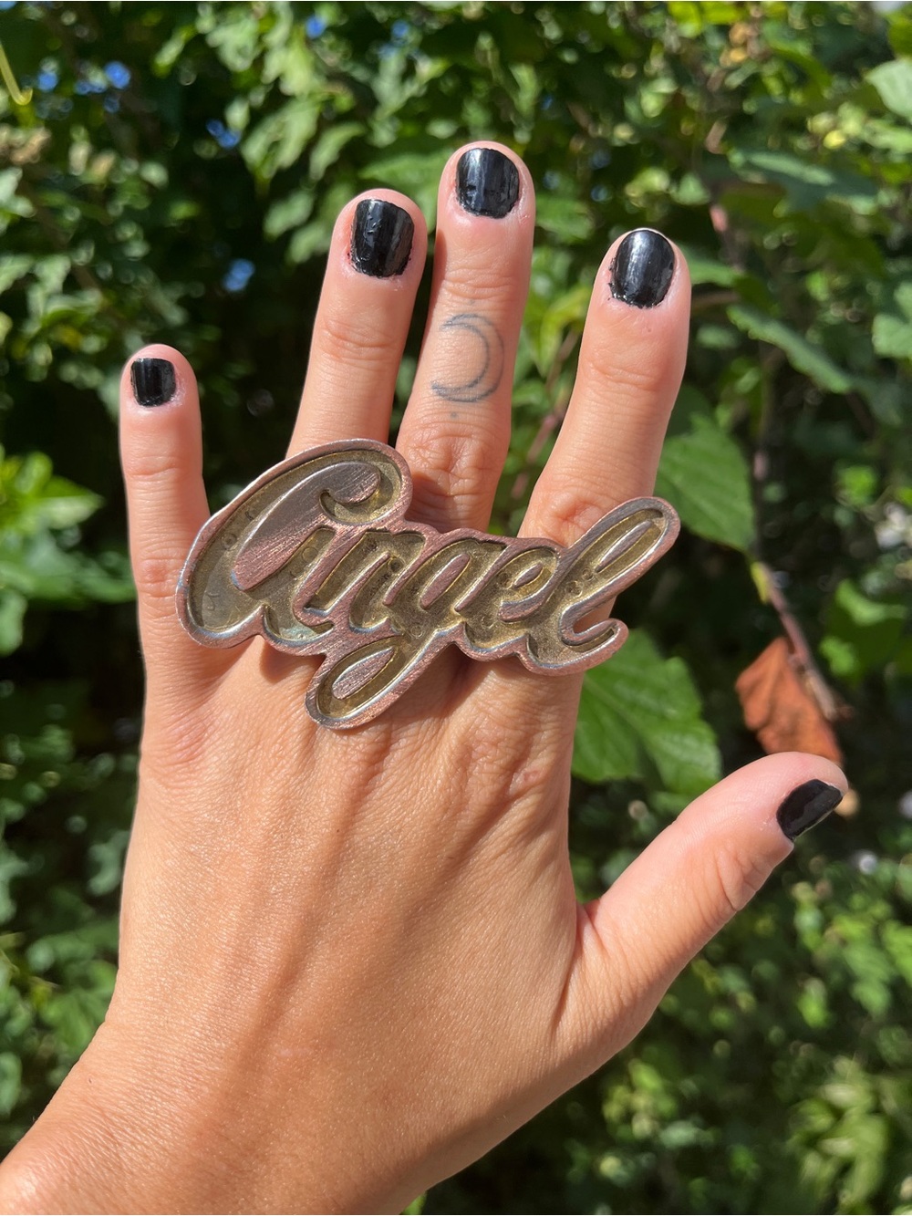 Upcycled Angel Script Statement Ring - Picture 2 of 3